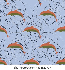 Seamless texture with a flock of dolphins under water, illustration for background