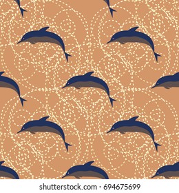 Seamless texture with a flock of dolphins under water, illustration for background