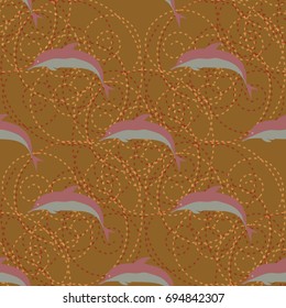 Seamless texture with a flock of dolphins under water, illustration for background