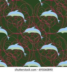 Seamless texture with a flock of dolphins under water, illustration for background