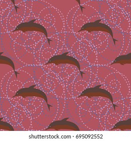 Seamless texture with a flock of dolphins under water, illustration for background