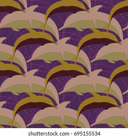 Seamless texture with a flock of dolphins under water, illustration for background