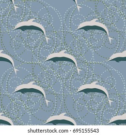 Seamless texture with a flock of dolphins under water, illustration for background