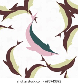 Seamless texture with a flock of dolphins under water, illustration for background