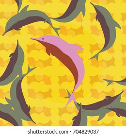 Seamless texture with a flock of dolphins under water, illustration for background