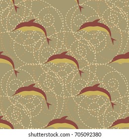Seamless texture with a flock of dolphins under water, illustration for background