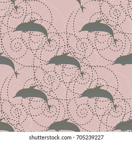 Seamless texture with a flock of dolphins under water, illustration for background