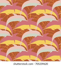 Seamless texture with a flock of dolphins under water, illustration for background