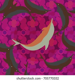 Seamless texture with a flock of dolphins under water, illustration for background