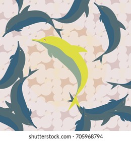 Seamless texture with a flock of dolphins under water, illustration for background
