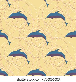 Seamless texture with a flock of dolphins under water, illustration for background