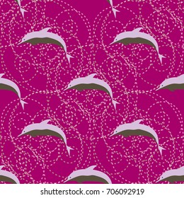 Seamless texture with a flock of dolphins under water, illustration for background