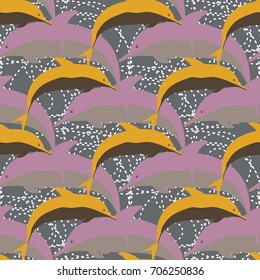 Seamless texture with a flock of dolphins under water, illustration for background