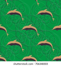 Seamless texture with a flock of dolphins under water, illustration for background