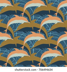 Seamless texture with a flock of dolphins under water, illustration for background