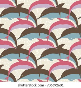 Seamless texture with a flock of dolphins under water, illustration for background