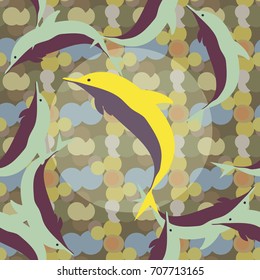 Seamless texture with a flock of dolphins under water, illustration for background