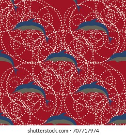 Seamless texture with a flock of dolphins under water, illustration for background