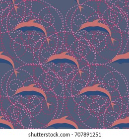 Seamless texture with a flock of dolphins under water, illustration for background