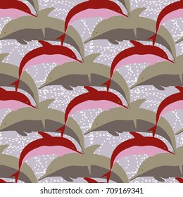 Seamless texture with a flock of dolphins under water, illustration for background