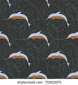 Seamless texture with a flock of dolphins under water, illustration for background