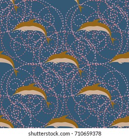 Seamless texture with a flock of dolphins under water, illustration for background