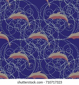 Seamless texture with a flock of dolphins under water, illustration for background