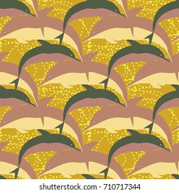 Seamless texture with a flock of dolphins under water, illustration for background