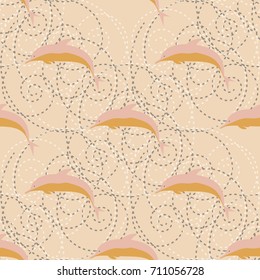 Seamless texture with a flock of dolphins under water, illustration for background