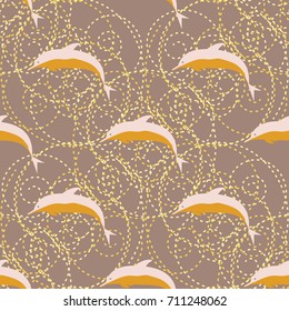 Seamless texture with a flock of dolphins under water, illustration for background