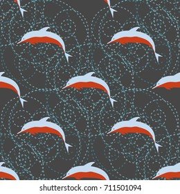 Seamless texture with a flock of dolphins under water, illustration for background