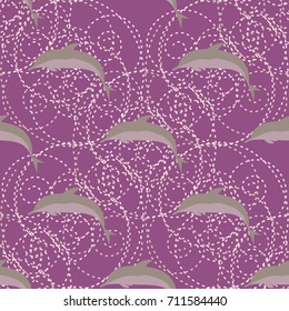 Seamless texture with a flock of dolphins under water, illustration for background