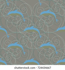 Seamless texture with a flock of dolphins under water, illustration for background