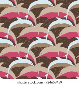 Seamless texture with a flock of dolphins under water, illustration for background