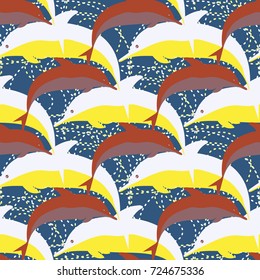 Seamless texture with a flock of dolphins under water, illustration for background