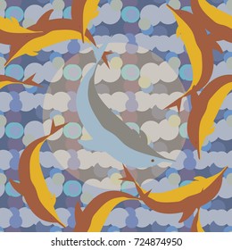 Seamless texture with a flock of dolphins under water, illustration for background