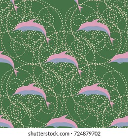 Seamless texture with a flock of dolphins under water, illustration for background