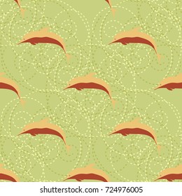 Seamless texture with a flock of dolphins under water, illustration for background