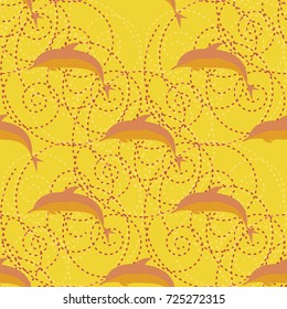 Seamless texture with a flock of dolphins under water, illustration for background