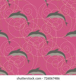 Seamless texture with a flock of dolphins under water, illustration for background