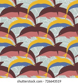 Seamless texture with a flock of dolphins under water, illustration for background