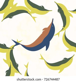 Seamless texture with a flock of dolphins under water, illustration for background