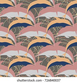 Seamless texture with a flock of dolphins under water, illustration for background