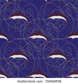Seamless texture with a flock of dolphins under water, illustration for background