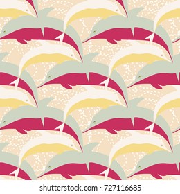 Seamless texture with a flock of dolphins under water, illustration for background
