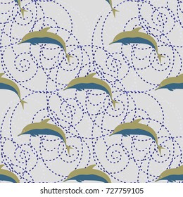 Seamless texture with a flock of dolphins under water, illustration for background