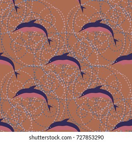 Seamless texture with a flock of dolphins under water, illustration for background
