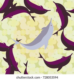 Seamless texture with a flock of dolphins under water, illustration for background