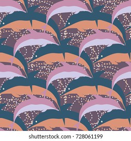 Seamless texture with a flock of dolphins under water, illustration for background