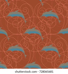 Seamless texture with a flock of dolphins under water, illustration for background